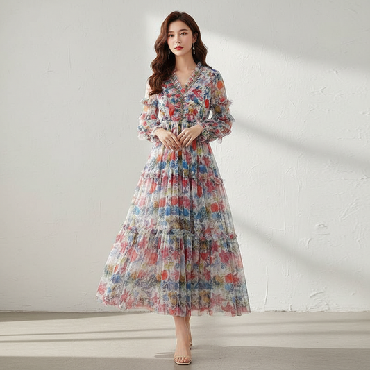 Damenkleid aus perlenbesetztem, floralem Netzstoff – V-Ausschnitt, lange Ärmel, schwingend