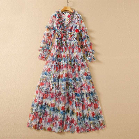 Women's Mesh Floral Beaded V-neck Long-sleeve Large Swing Dress - ChoreGirl