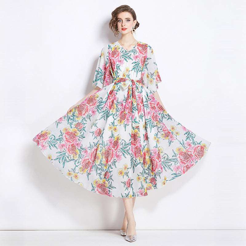 Women's Gentle Flower Print Elegant Dress - ChoreGirl