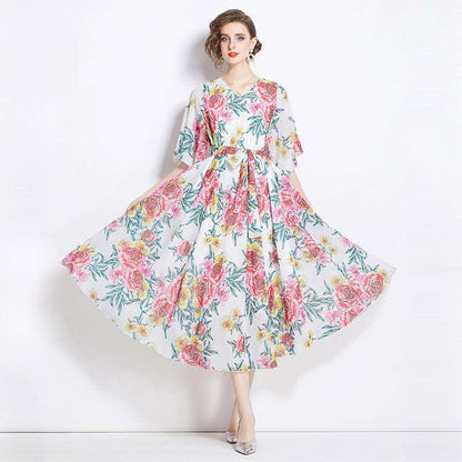 Women's Gentle Flower Print Elegant Dress - ChoreGirl