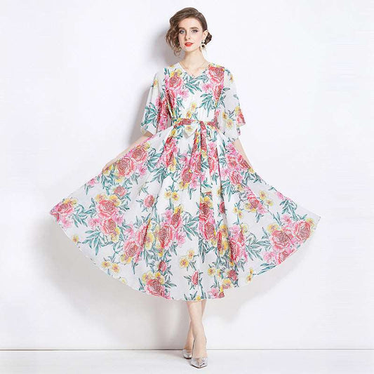 Women's Gentle Flower Print Elegant Dress - ChoreGirl