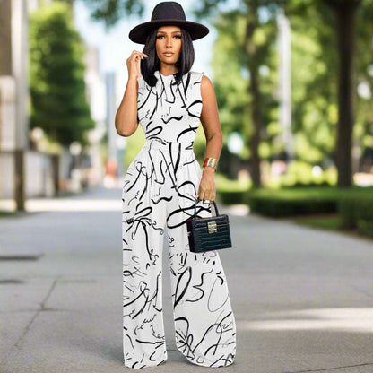 Women's Colorful Pattern Print Sleeveless Wide Leg Pants and Bodysuit Outfit Set - ChoreGirl