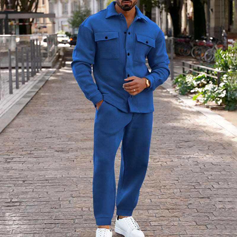 Men's Suede Single-breasted Solid Color Slim Fit Short Sleeved Shirt and Pants Two-piece Outfit Set - ChoreGirl