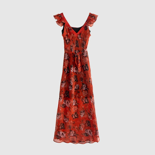 Women's Elegant Floral Sleeveless Slim Fit Long Dress - ChoreGirl