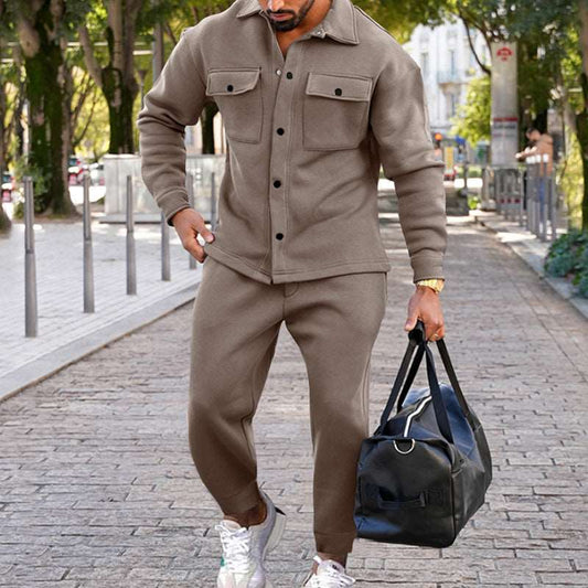 Men's Suede Single-breasted Solid Color Slim Fit Short Sleeved Shirt and Pants Two-piece Outfit Set - ChoreGirl