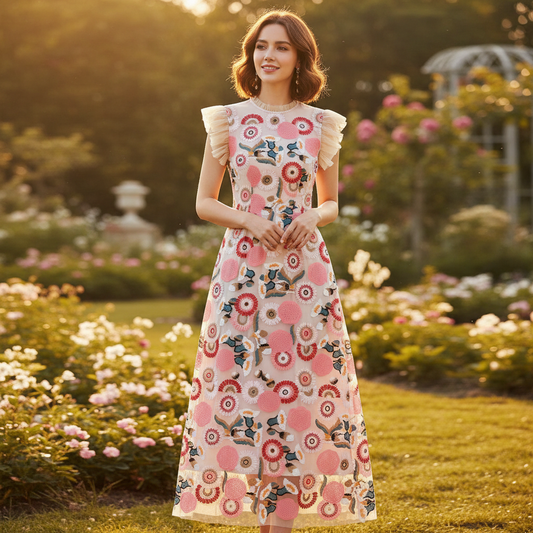 Elegantes Damen-Midikleid aus besticktem Netzstoff