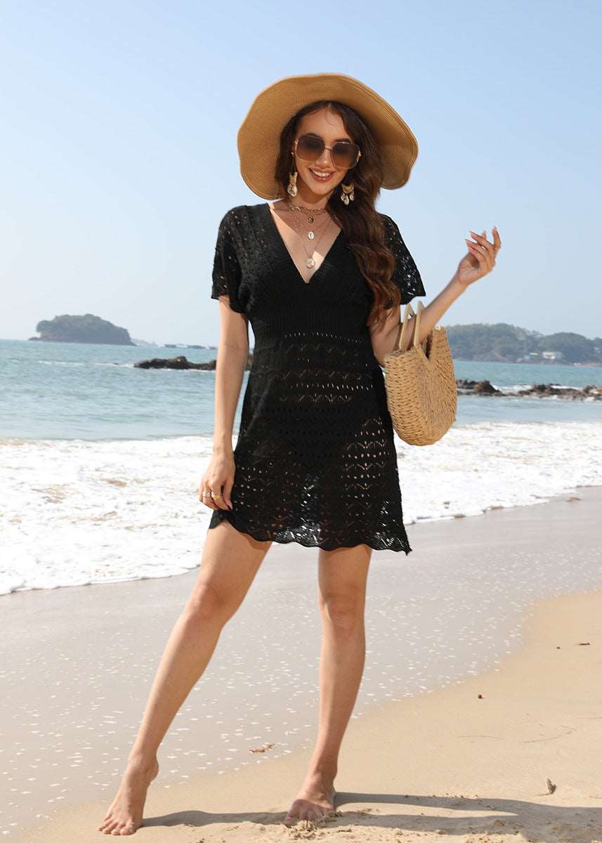 Women's Hollow Out Design Deep V-neck Beach Swimwear Cover-up Dress - ChoreGirl
