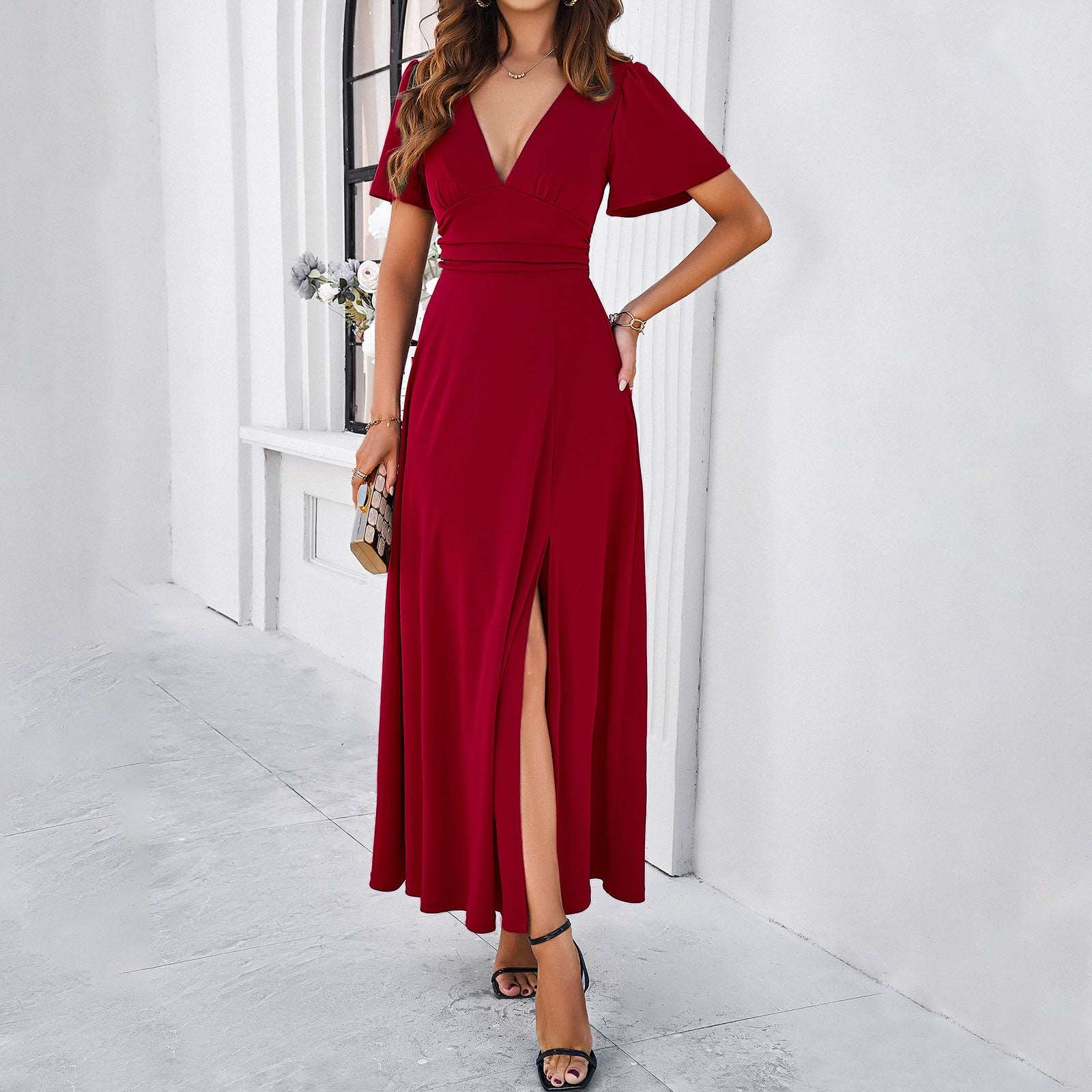 Women's Elegant Solid Color Slim V-neck Dress - ChoreGirl