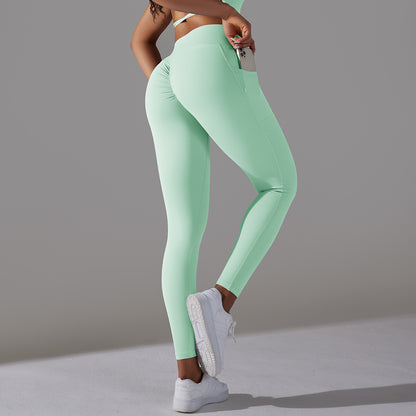 Women's Nude Feel Skin-friendly Cross Waist Stretch Fitness Pants With Pocket - ChoreGirl