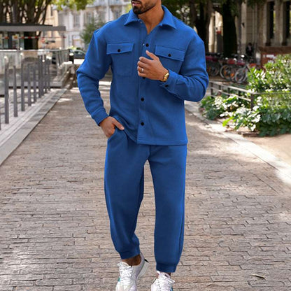 Men's Suede Single-breasted Solid Color Slim Fit Short Sleeved Shirt and Pants Two-piece Outfit Set - ChoreGirl