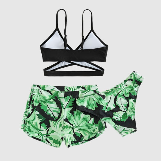 Girls Black and Green Leaf Print Three-piece Swimsuit - ChoreGirl