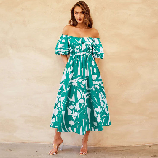 Women's Casual Off-shoulder Bubble Sleeve Large Swing Dress - ChoreGirl