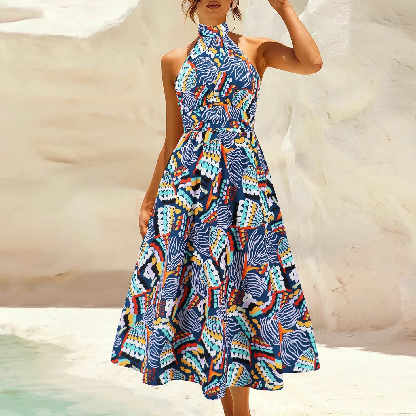 Women's Printed Stand Collar Sleeveless Dress - ChoreGirl