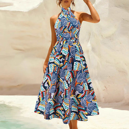 Women's Printed Stand Collar Sleeveless Dress - ChoreGirl