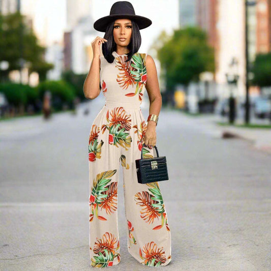 Women's Colorful Pattern Print Sleeveless Wide Leg Pants and Bodysuit Outfit Set - ChoreGirl