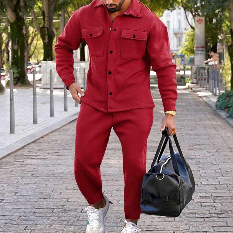 Men's Suede Single-breasted Solid Color Slim Fit Short Sleeved Shirt and Pants Two-piece Outfit Set - ChoreGirl