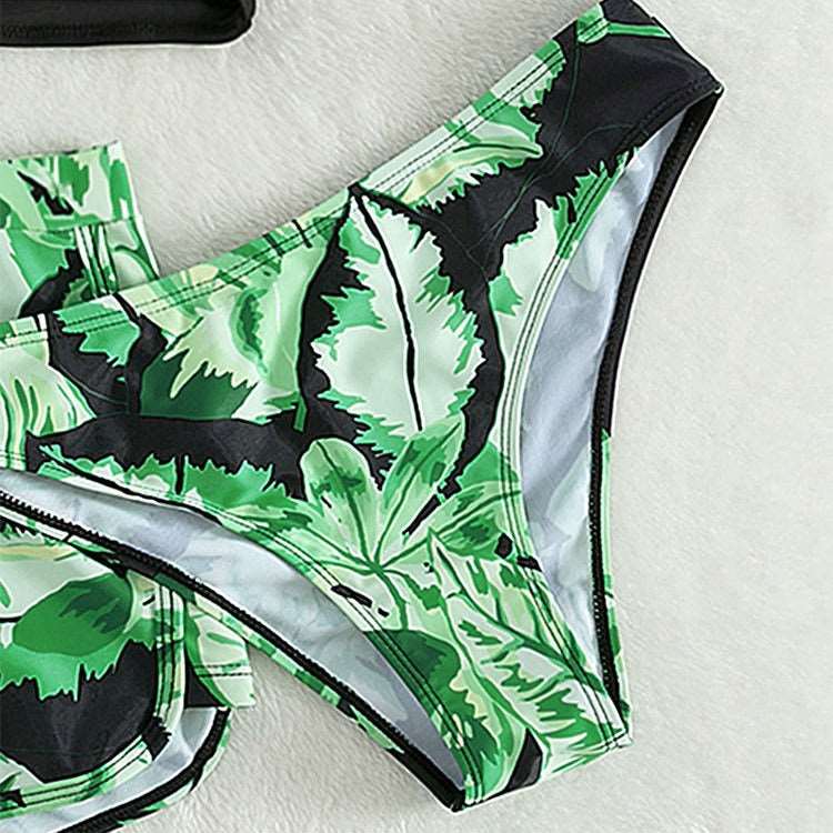 Girls Black and Green Leaf Print Three-piece Swimsuit - ChoreGirl
