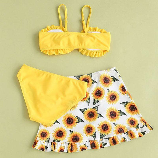 Girl's Sunflower Printed Three-piece Swimsuit Set - ChoreGirl