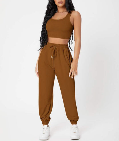 Women's Casual Basics Round Neck Knitted Top and High Waist Pants Outfit Set - ChoreGirl