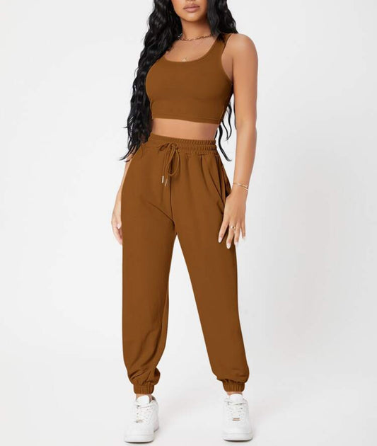 Women's Casual Basics Round Neck Knitted Top and High Waist Pants Outfit Set - ChoreGirl