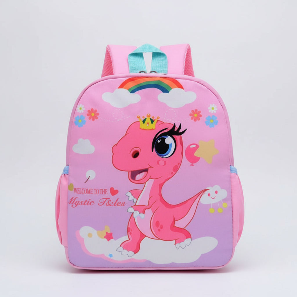 Pink children's backpack with a cartoon dinosaur design on a white background