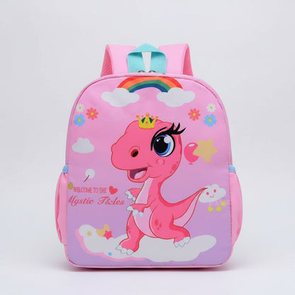 Pink children's backpack with a cartoon dinosaur design on a white background