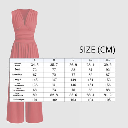 Pink sleeveless dress with size chart on a gray background
