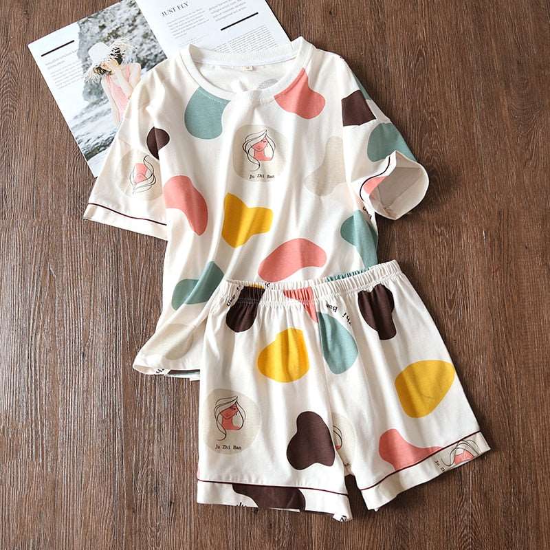 Women's Cotton Short Sleeved Shirt and Shorts Two-Piece Pajamas Set - ChoreGirl
