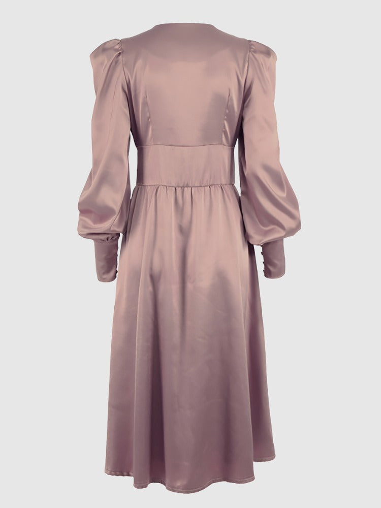 Women's Elegant Single Breasted High Waist Satin Long Dress - ChoreGirl