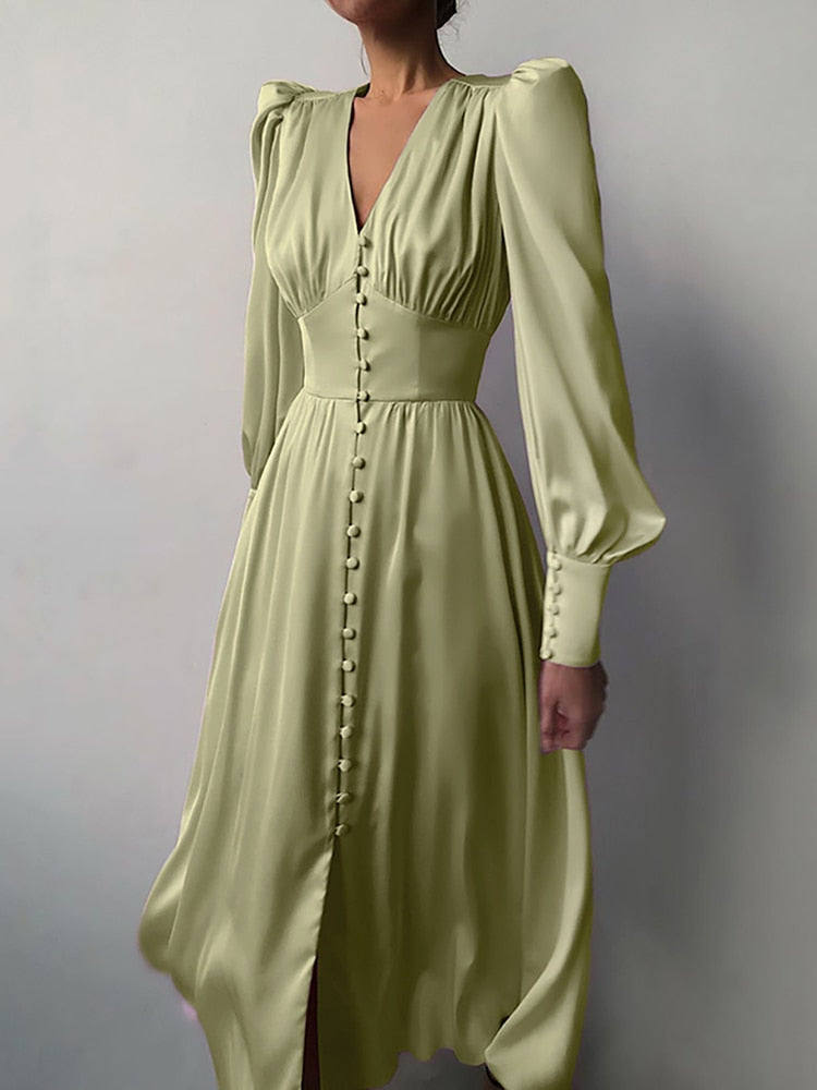 Women's Elegant Single Breasted High Waist Satin Long Dress - ChoreGirl