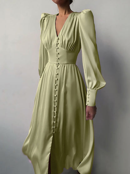 Women's Elegant Single Breasted High Waist Satin Long Dress - ChoreGirl