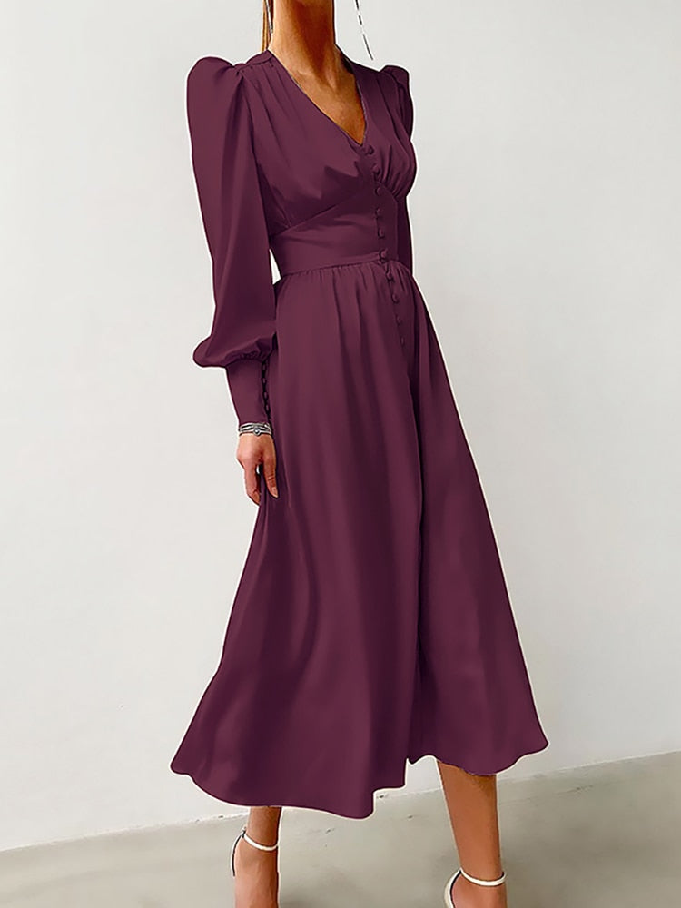 Women's Elegant Single Breasted High Waist Satin Long Dress - ChoreGirl