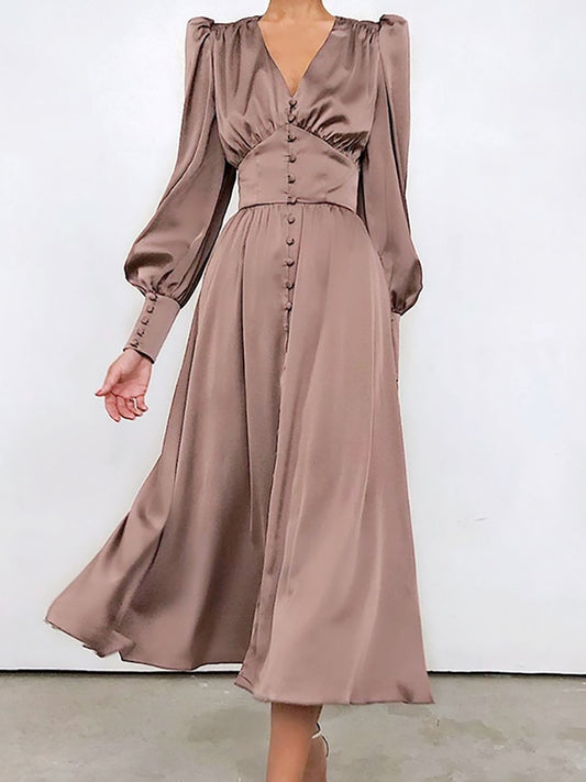 Women's Elegant Single Breasted High Waist Satin Long Dress - ChoreGirl