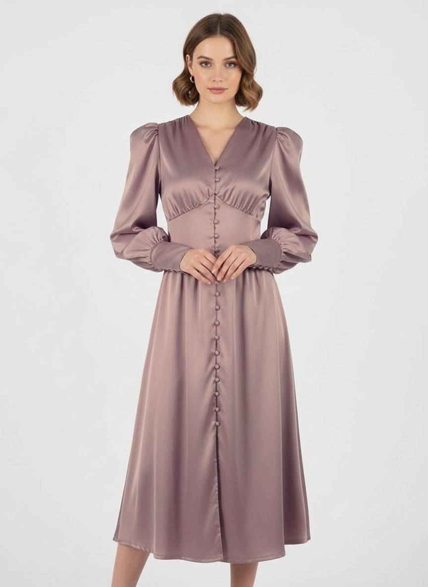 Elegant Single Breasted High Waist Satin Long Dress - Women