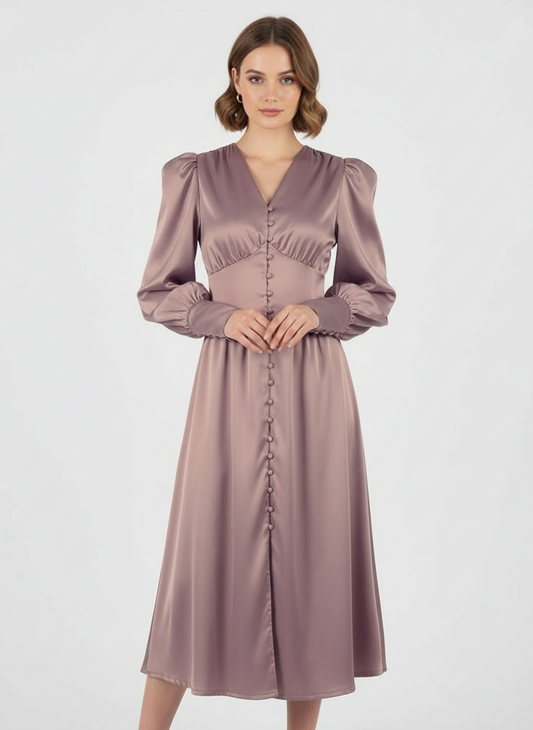 Women's Elegant Single Breasted High Waist Satin Long Dress