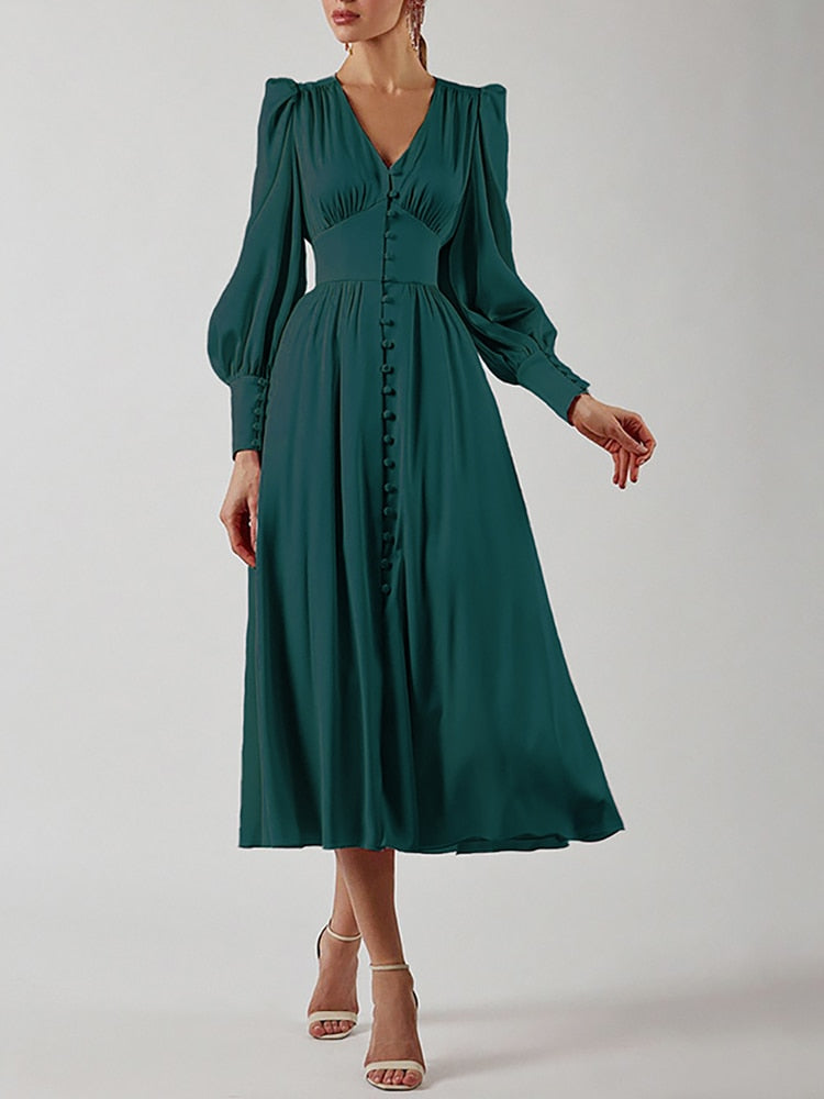 Women's Elegant Single Breasted High Waist Satin Long Dress - ChoreGirl