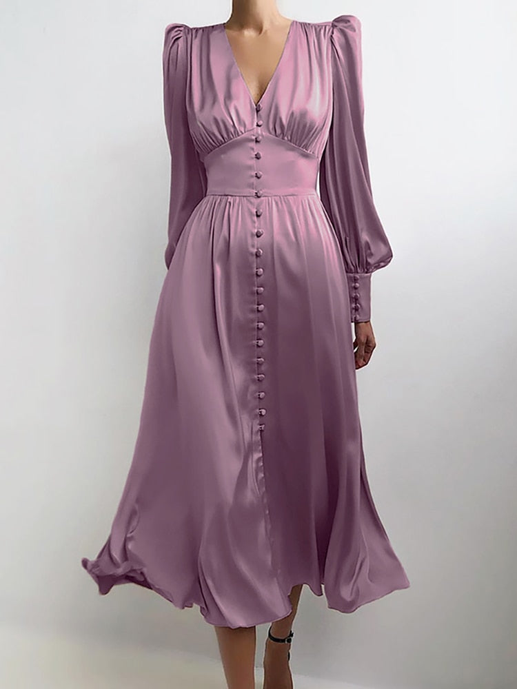Women's Elegant Single Breasted High Waist Satin Long Dress - ChoreGirl