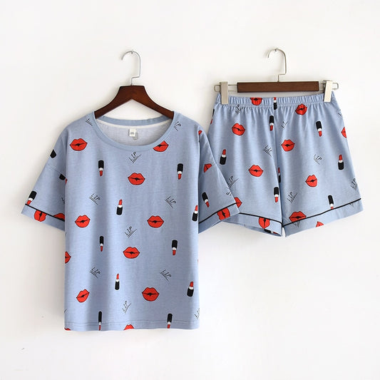 Women's Cotton Short Sleeved Shirt and Shorts Two-Piece Pajamas Set - ChoreGirl