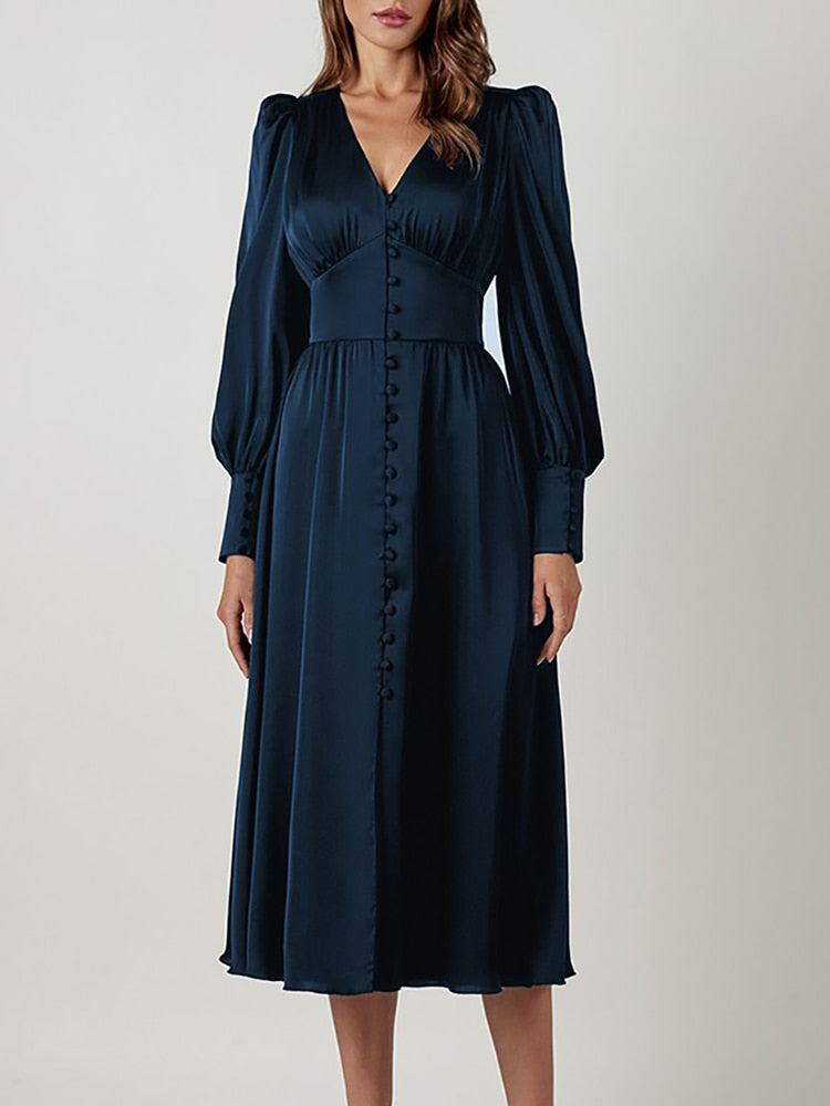 Women's Elegant Single Breasted High Waist Satin Long Dress - ChoreGirl