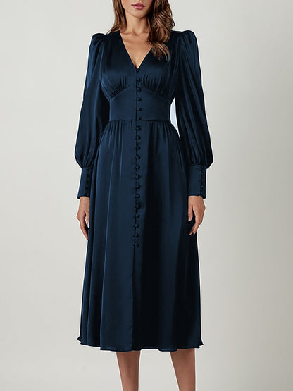 Women's Elegant Single Breasted High Waist Satin Long Dress - ChoreGirl