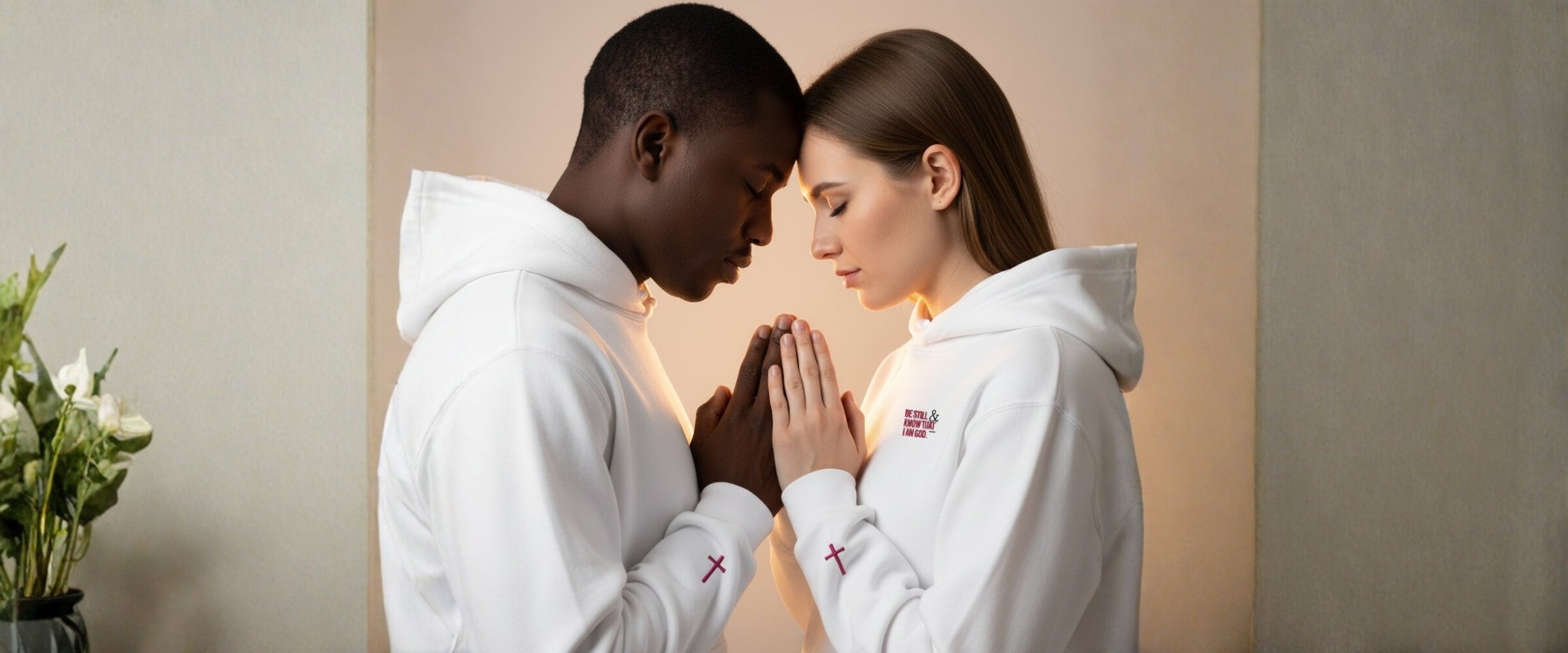 Two people in white hoodies standing close together with a neutral background