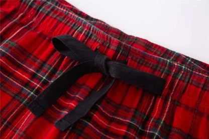 Unisex Couple Red Plaid Loose Long Sleeves Flannel Pajamas Set - ChoreGirl