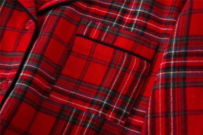 Unisex Couple Red Plaid Loose Long Sleeves Flannel Pajamas Set - ChoreGirl