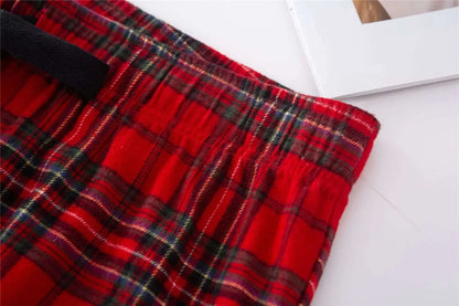 Unisex Couple Red Plaid Loose Long Sleeves Flannel Pajamas Set - ChoreGirl