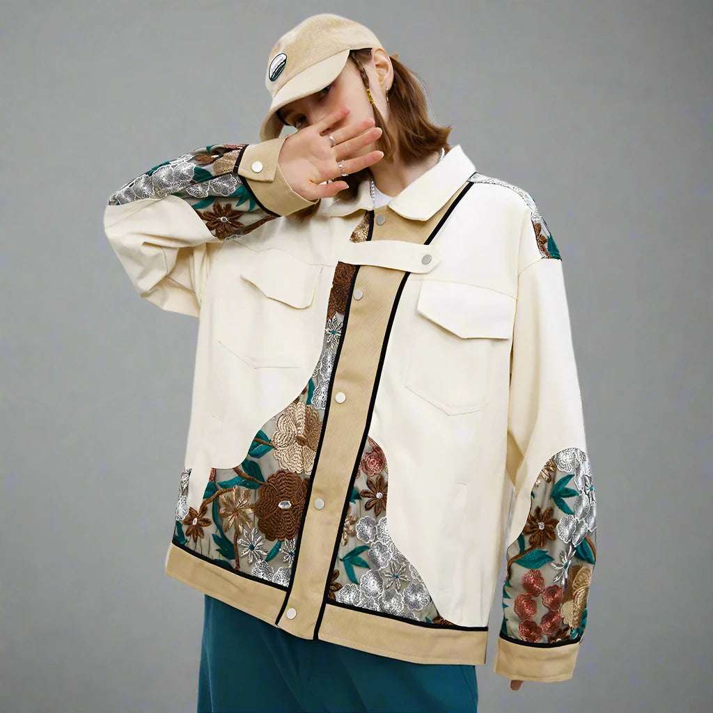 Unisex Loose Fit Shirt Style Jacket Whit Embroidered Flowers - ChoreGirl