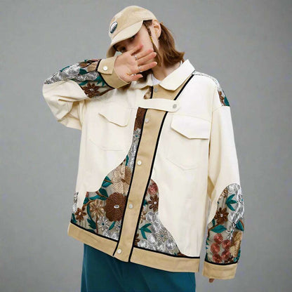 Unisex Loose Fit Shirt Style Jacket Whit Embroidered Flowers - ChoreGirl