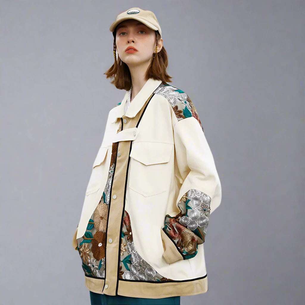 Unisex Loose Fit Shirt Style Jacket Whit Embroidered Flowers - ChoreGirl