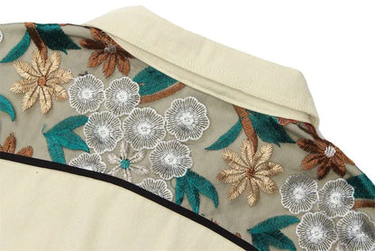 Unisex Loose Fit Shirt Style Jacket Whit Embroidered Flowers - ChoreGirl