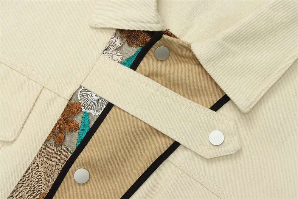 Unisex Loose Fit Shirt Style Jacket Whit Embroidered Flowers - ChoreGirl