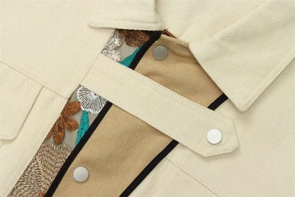 Unisex Loose Fit Shirt Style Jacket Whit Embroidered Flowers - ChoreGirl